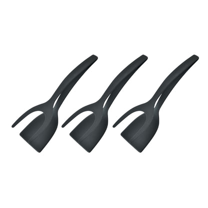 2 in 1 Flipper Spatula with tongs - Nylon Easy Grip Flip Spatula for Hash browns, Burgers, Steaks, French Toast, Omelets, Pancakes - Non-Stick Head, Ergonomic Handle, Withstands High Temperatures