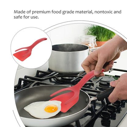2 in 1 Flipper Spatula with tongs - Nylon Easy Grip Flip Spatula for Hash browns, Burgers, Steaks, French Toast, Omelets, Pancakes - Non-Stick Head, Ergonomic Handle, Withstands High Temperatures